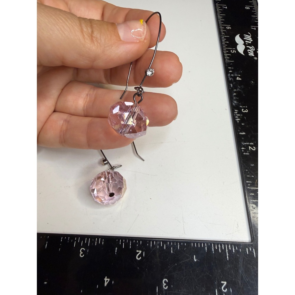 Pink Faceted Crystal Drop Earrings Gunmetal Kidney Wire Rhinestone Accent Dangle